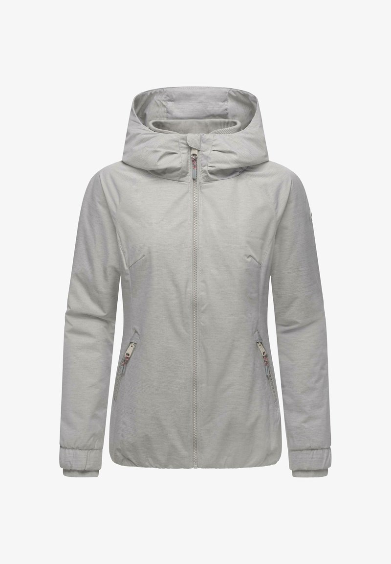 Lys grå hettegenser med glidelås foran, sidelommer og elastiske mansjetter. Myk, glatt stoff med et minimalistisk design.