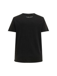 Black short-sleeve t-shirt made of soft fabric, featuring a rounded neckline and a small white text design on the upper back.