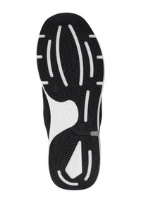 Schwarze und weiße Sneaker-Sohle mit gebogenen weißen Traktionslinien und strukturierten Rillen, zeigt das Markenlogo nahe der Fersen- und Mittelfußbereiche.