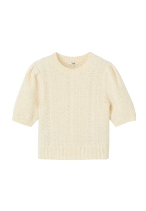 Pull en crème à manches courtes avec un motif en tricot torsadé texturé, col rond et ourlet côtelé. Tissu doux avec des manches légèrement bouffantes.