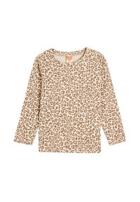 Beige pitkähihaisessa vauvatopissa on ruskea leopardikuvio. Valmistettu pehmeästä kankaasta, jossa on pyöreä pääntie ja ribbikudos.