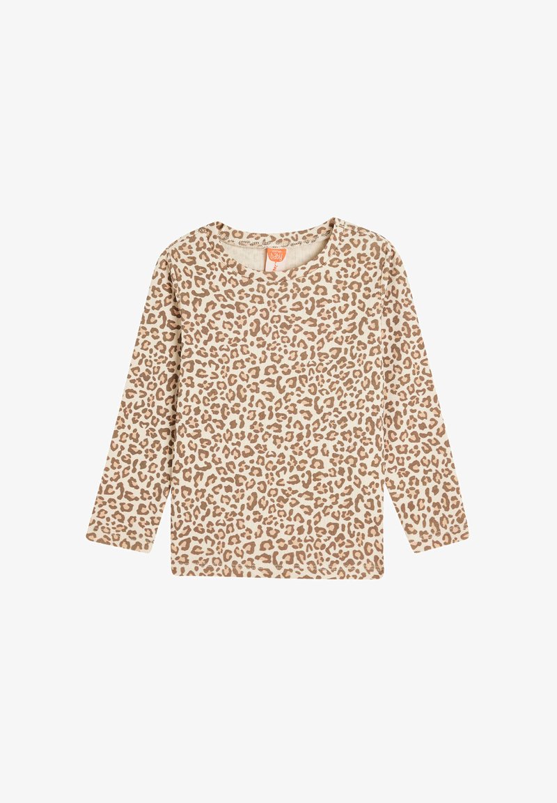 Langærmet babyoverdel i beige med et brunt leopardmønstret design. Fremstillet af blødt stof med en rund halsudskæring og ribbet struktur.