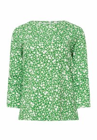 Grüne Bluse mit langen Ärmeln, die ein weißes Blumenmuster und eine lockere Passform aufweist. Hergestellt aus leichtem Stoff, mit einem runden Ausschnitt.