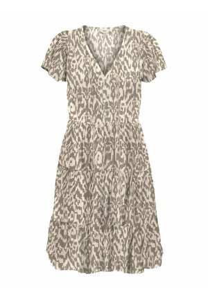 Floral-patterned dress in beige with a V-neck, short ruffled sleeves, and a tiered design. Made from lightweight fabric.