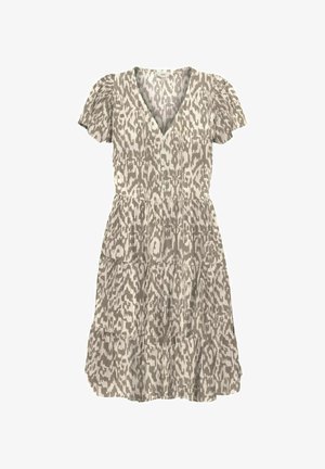 Robe à motif floral en beige avec un décolleté en V, des manches courtes à volants et un design à plusieurs niveaux. Fabriquée en tissu léger.