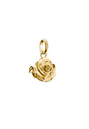 Gold rose pendant with intricate petal detailing, featuring a smooth, shiny surface and a loop for attachment.