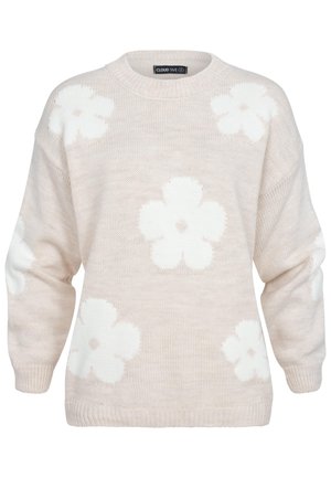 Pulover bej deschis cu modele florale albe, guler rotund, mâneci lungi și manșete răsucite. Fabricat dintr-un material tricotat moale.