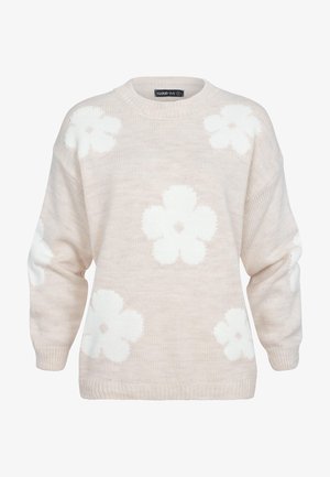 Pulover bej deschis cu modele florale albe, guler rotund, mâneci lungi și manșete răsucite. Fabricat dintr-un material tricotat moale.