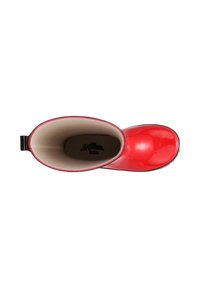 Stivale da pioggia rosso in gomma con un esterno liscio, punta arrotondata e rifinitura nera. Interno foderato in beige con il logo del marchio visibile.
