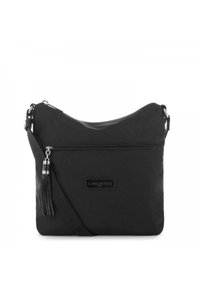 Borsa a tracolla nera in nylon con tasca frontale con zip, accento a nappina, cinghia regolabile e logo in rilievo sulla parte anteriore.