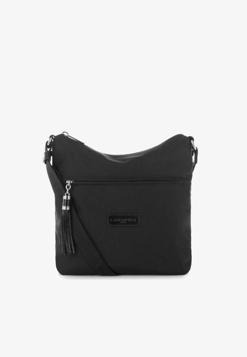 Borsa a tracolla nera in nylon con tasca frontale con zip, accento a nappina, cinghia regolabile e logo in rilievo sulla parte anteriore.