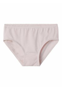 Slip en coton rose clair avec une texture lisse, une taille élastique et des détails froncés sur le bord supérieur. Design classique offrant une couverture complète.