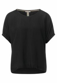 Blusa nera a maniche corte con scollatura rotonda, dettaglio arricciato alle maniche e vestibilità rilassata. Realizzata in un tessuto liscio.
