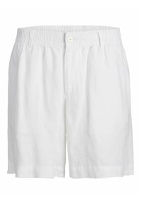 Shorts en lin blanc avec une taille élastique et une fermeture à bouton, jambes droites et une texture lisse.