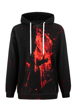Czarny hoodie z wyrazistym designem czerwonego rozprysku farby, białymi sznurkami, kieszenią z przodu i ściągaczami przy rękawach dla dodatkowej tekstury.
