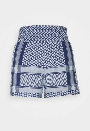 Vysoko pasové šortky s modro-bílými geometrickými a pruhovanými patchworkovými vzory a širokým elastickým pasem.