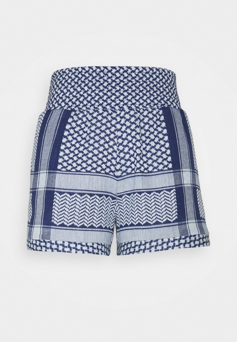 Vysoko pasové šortky s modro-bílými geometrickými a pruhovanými patchworkovými vzory a širokým elastickým pasem.