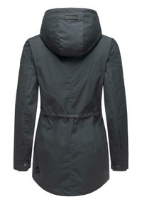 Dark gray waterproof jacket with a hood, drawstring waist, and snap-button cuffs. Smooth, durable fabric with minimalistic design.