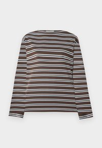Camicia a maniche lunghe marrone con strisce orizzontali azzurre chiare. Collo a giro, tessuto morbido con texture liscia. Design semplice, senza caratteristiche aggiuntive.