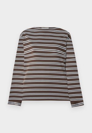 Brun langermet skjorte med horisontale lyseblå striper. Rund hals, myk stoff med glatt tekstur. Enkel design, ingen tilleggsegenskaper.