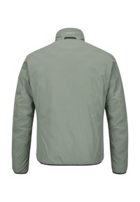 Hellgrüne Jacke mit Stehkragen, langen Ärmeln und elastischen Bündchen. Glatte Textur, minimalistisches Design, mit kleinem Logo auf der Rückseite.