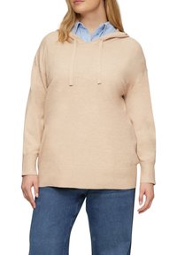 Helle beige Kapuzenjacke mit lockerer Passform, langen Ärmeln und gerippten Bündchen. Weicher, strukturierter Stoff über einem Hemd mit Kragen.