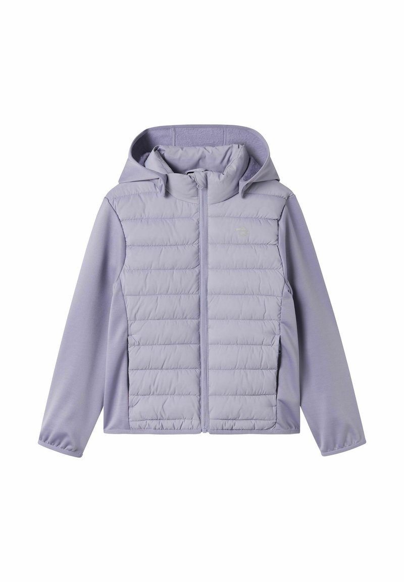 Helle lavendelfarbene Pufferjacke mit Kapuze, ausgestattet mit gesteppten Paneelen und glatten Ärmeln. Vorderer Reißverschluss mit einem kleinen Logo auf der Brust.