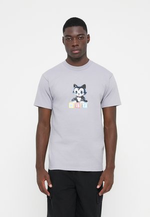 Gray cotton t-shirt featuring a cartoon character and the letters "HUF" in colorful blocks. Short sleeves, rounded neckline, and a regular fit.