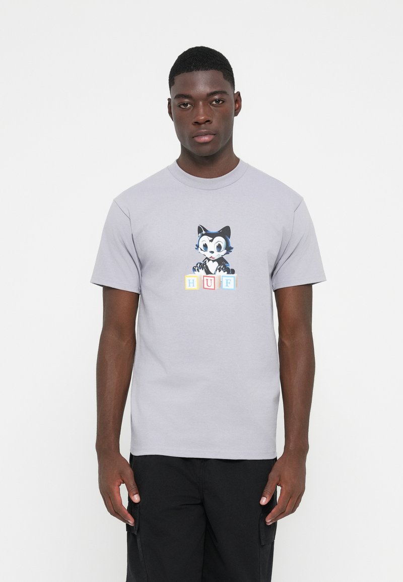 Gray cotton t-shirt featuring a cartoon character and the letters "HUF" in colorful blocks. Short sleeves, rounded neckline, and a regular fit.