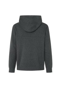 Sudadera gris con capucha y mangas largas, hecha de una tela suave. Presenta un diseño simple y puños y bajo acanalados. Sin logotipos ni patrones visibles.