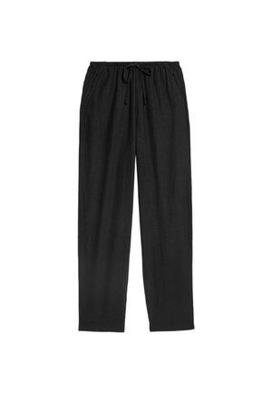 Schwarze, locker sitzende Hose mit elastischem Bund und verstellbarem Kordelzug. Glattes Material ohne sichtbare Muster oder Akzente.