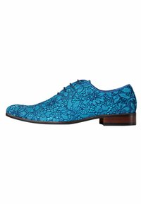 Blue lace-up dress shoe with a floral lace pattern, smooth finish, and brown wooden heel. Slightly pointed toe, soft texture.