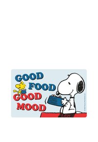Cartone di Snoopy e Woodstock su uno sfondo azzurro chiaro. Testo: "BUON CIBO BUON UMORE" in rosso e blu, con Snoopy che tiene una ciotola.