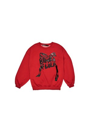 Raudona megztinis su juodu grafiniu piešiniu ir "BIMBA Y LOLA" tekstu priekyje, turintis ilgas rankoves ir mezgimo apykaklę bei hemą.