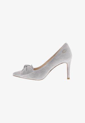 Light gray suede high heel shoe with pointed toe, decorative bow on front, and small metallic emblem on side.