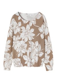 Beige hosszú ujjú pulóver fehér virágmintával, kerek nyakkivágással és bordás mandzsettával. Puha anyag, laza fazon.