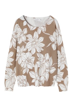 Maglione beige a maniche lunghe con motivo floreale bianco, scollo rotondo e polsini a costine. Tessuto morbido con una vestibilità rilassata.