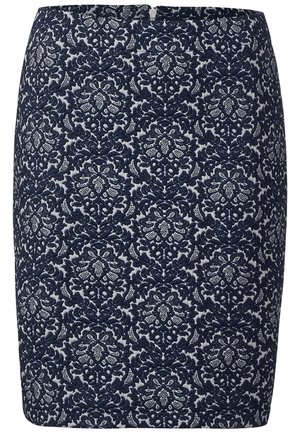 Donkerblauwe kokerrok met een ingewikkeld bloemachtig kanten patroon en een ritssluiting aan de achterkant.