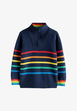 Mornarsko plavi pamučni džemper s patentnim zatvaračem na ovratniku, s višebojnim vodoravnim prugama u crvenoj, narančastoj, žutoj, zelenoj i plavoj boji. Rebrasti rubovi na manžetama i donjem dijelu.
