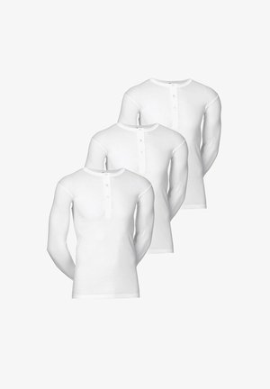 Three long-sleeve white undershirts made of soft cotton, featuring a round neckline and a button placket with three buttons at the front.