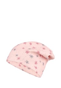 Light pink beanie made from soft fabric, featuring a scattered snowflake pattern in pink and gray tones. Slouchy design with folded edge.
