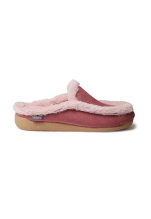 Soft pink slip-on slipper with fuzzy lining and tan sole, viewed from the side on a white background.