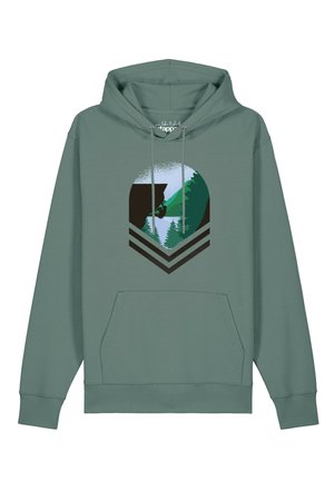 Green hooded sweatshirt with front pocket and a graphic of mountains, trees, and a canyon climber in a circular design on chest.
