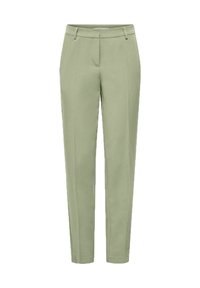 Jasnozielone spodnie o dopasowanym kroju, z płaskim przodem, bocznymi kieszeniami i gładką teksturą materiału. Czysty i prosty design.