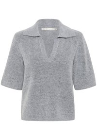 Siv svetlik s kratkimi rokavi, izdelan iz mehkega, teksturiranega blaga. Ima globok V-izrez in raven ovratnik. Preprost in minimalističen dizajn.