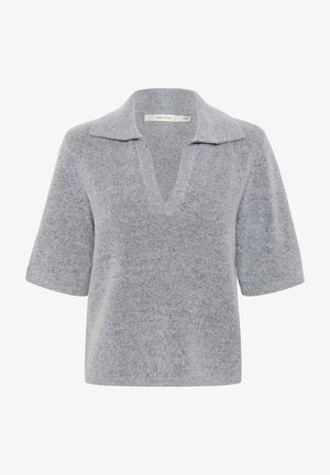 Grauer Kurzarm-Pullover aus weichem, strukturiertem Stoff. Mit einem tiefen V-Ausschnitt und einem flachen Kragen. Einfaches und minimalistisches Design.