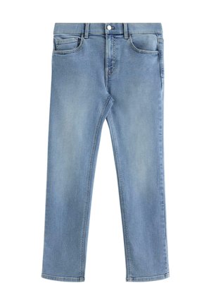 Jeans azzurri a gamba dritta con cinque tasche, chiusura con bottone e aree sbiadite su cosce e ginocchia, mostrati distesi su sfondo bianco.