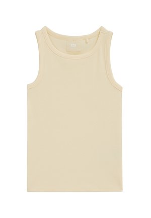 Débardeur sans manches côtelé de couleur crème avec encolure ronde et ourlet droit, posé à plat sur fond blanc.