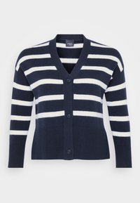 Μπλε και λευκή ριγέ κάρντιγκαν με V-λαιμόκοψη, έξι κουμπιά, ριμπ τελείωμα και μανσέτες, καθώς και εμπρόσθιες τσέπες. Κατασκευασμένη από απαλό πλεκτό υλικό.