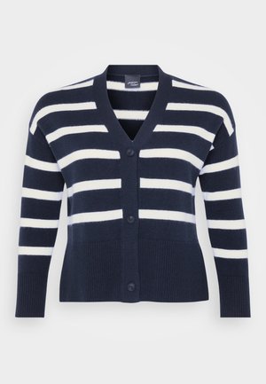 Navy and white striped cardigan featuring a V-neck, six buttons, ribbed hem and cuffs, and front pockets. Made of soft knit material.